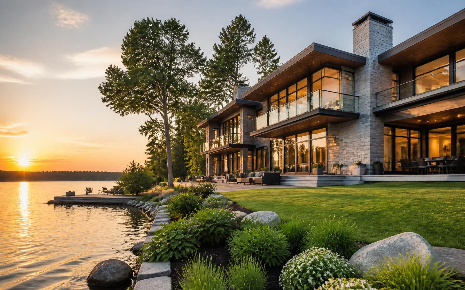 Modern luxury waterfront estate at sunset in Northumberland County